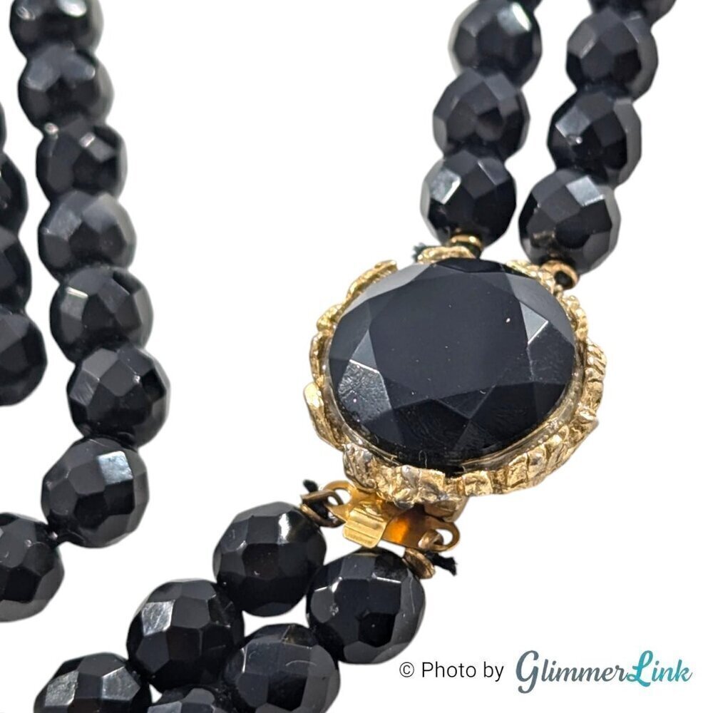 Vintage Double Strand Black Faceted Glass Mid Century Beaded Necklace
